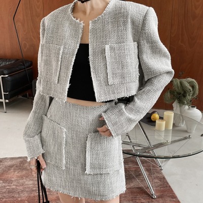 Fringed Long Sleeve Chanel Style Tweed Jacket and Skirt Fashion Set 2