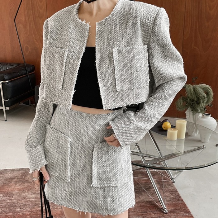 Fringed Long Sleeve Chanel Style Tweed Jacket and Skirt Fashion Set 2