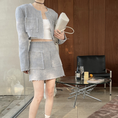 Fringed Long Sleeve Chanel Style Tweed Jacket and Skirt Fashion Set 2