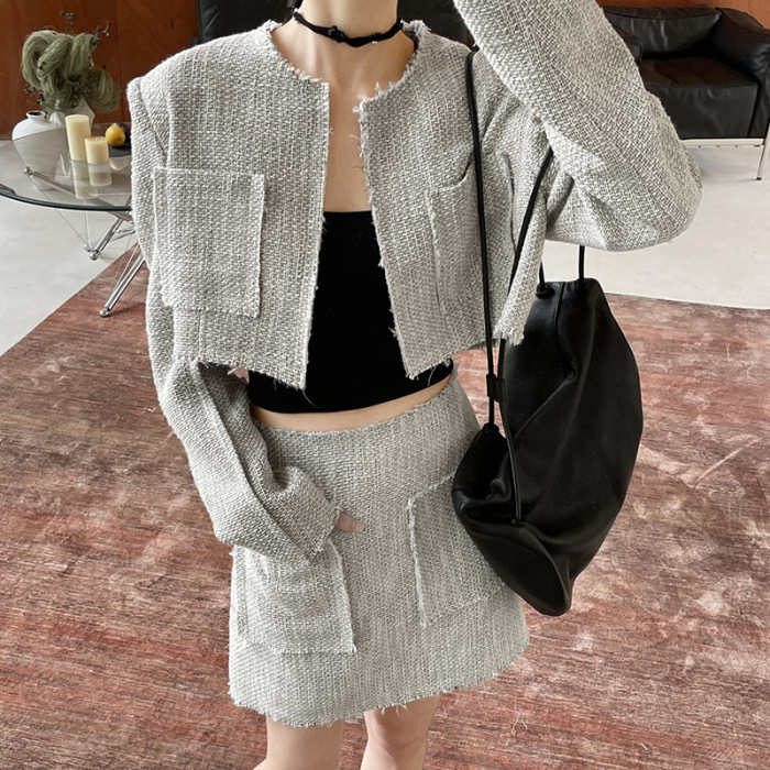 Fringed Long Sleeve Chanel Style Tweed Jacket and Skirt Fashion Set 2