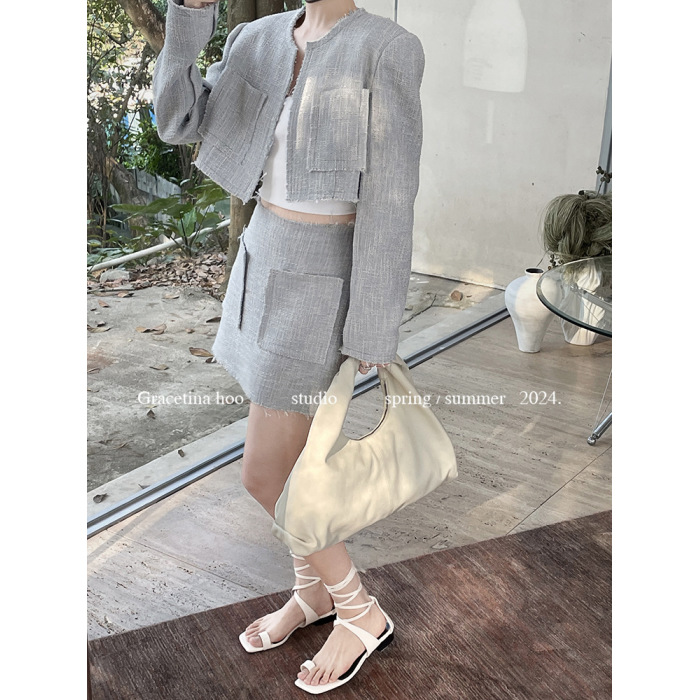 Fringed Long Sleeve Chanel Style Tweed Jacket and Skirt Fashion Set 2