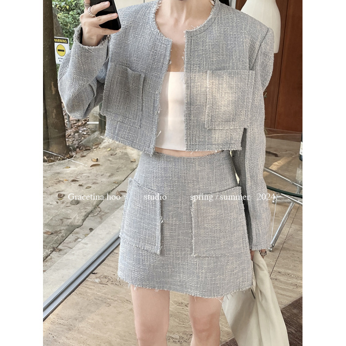 Fringed Long Sleeve Chanel Style Tweed Jacket and Skirt Fashion Set 2