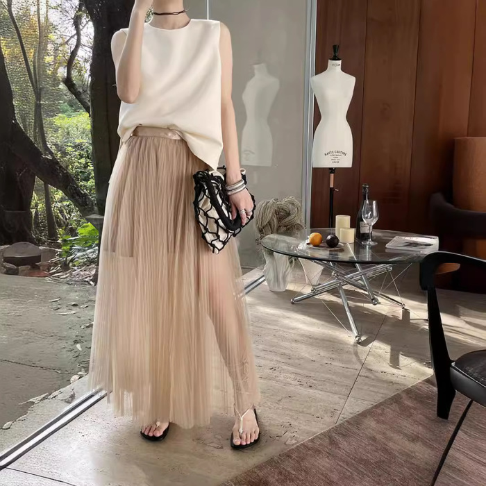 Mesh pleated high waist A-line skirt 14