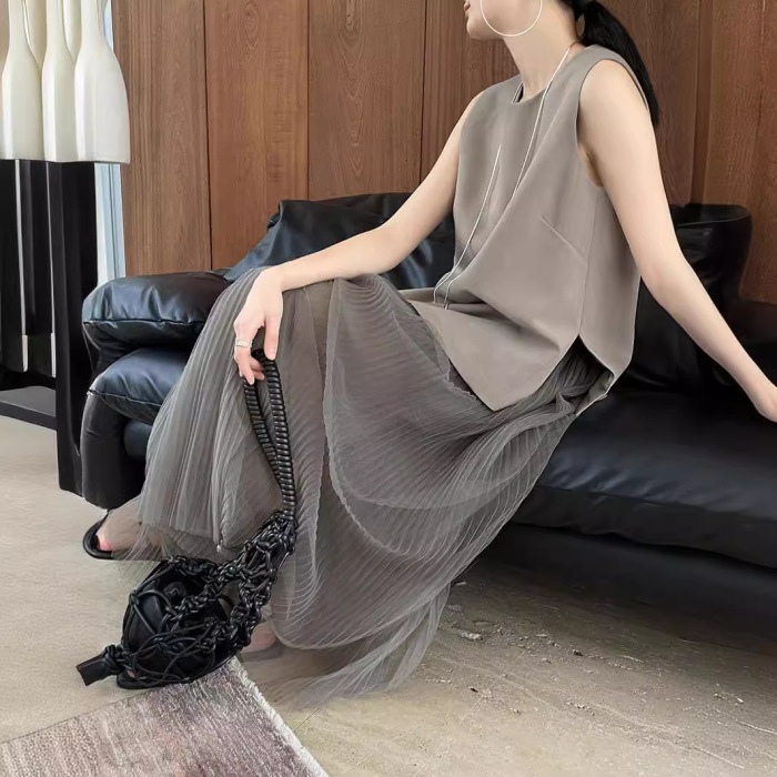 Mesh pleated high waist A-line skirt 14
