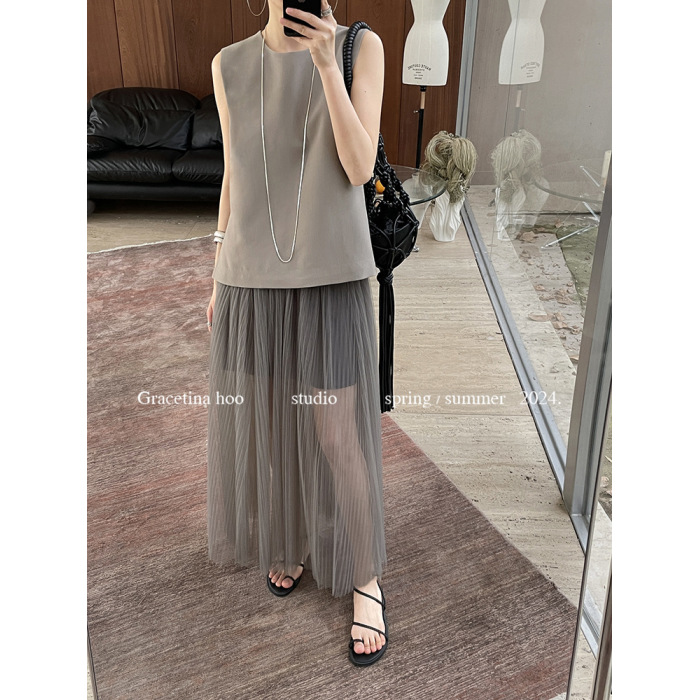 Mesh pleated high waist A-line skirt 14