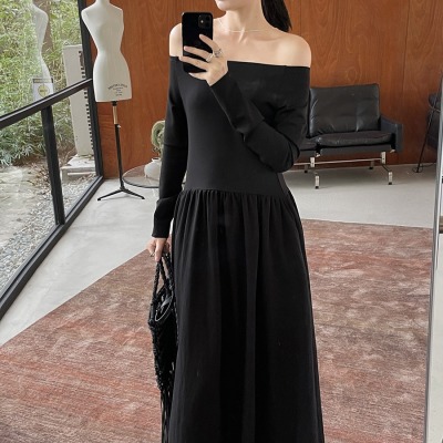 Tencel one-shoulder stitching elastic lazy waist long dress 9