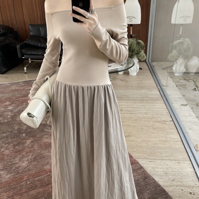 Tencel one-shoulder stitching elastic lazy waist long dress 9