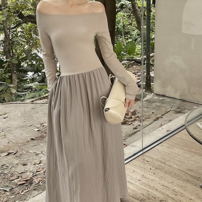 Tencel one-shoulder stitching elastic lazy waist long dress 9