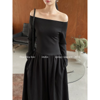 Tencel one-shoulder stitching elastic lazy waist long dress 9