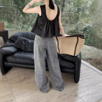French distressed dirty wash raw edge versatile wide-leg jeans 26
