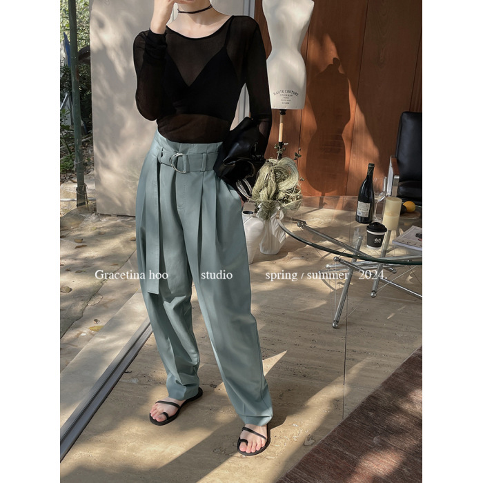 Loose casual tapered pants with belted beaded hem 19