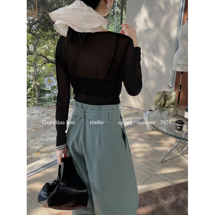 Loose casual tapered pants with belted beaded hem 19