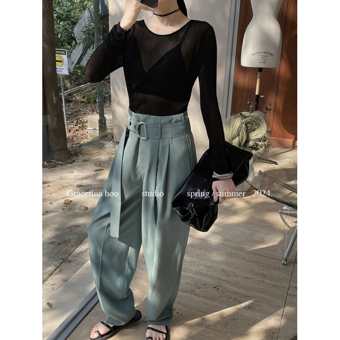 Loose casual tapered pants with belted beaded hem 19