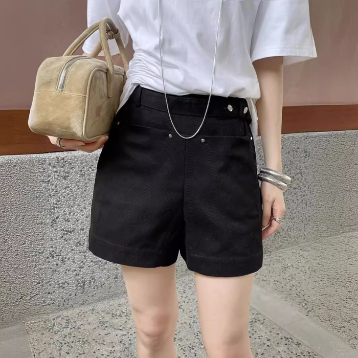 Pure cotton wide design slim A-line versatile high waist casual shorts 28
