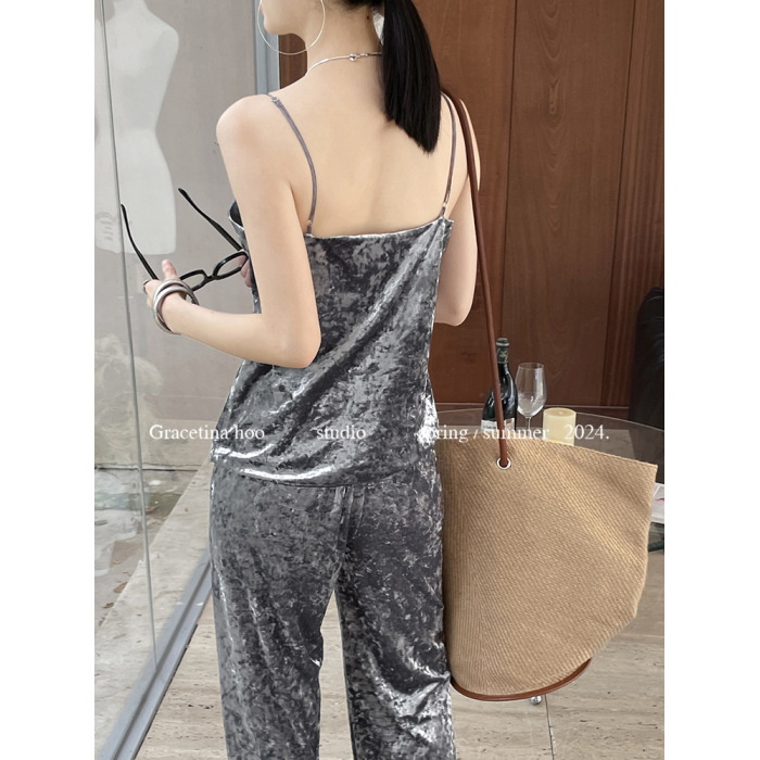 Retro Light Velvet Camisole Wide-Leg Pants Set 23