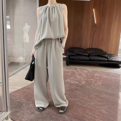 French style pleated top wide-leg pants suit 41
