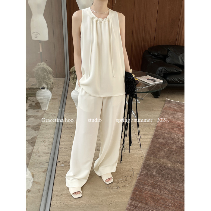 French style pleated top wide-leg pants suit 41