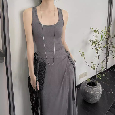Simple U-neck tie knot skirt suit 48