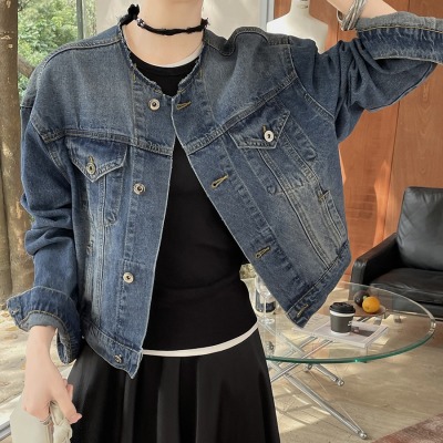 Vintage washed short round neck denim jacket 32