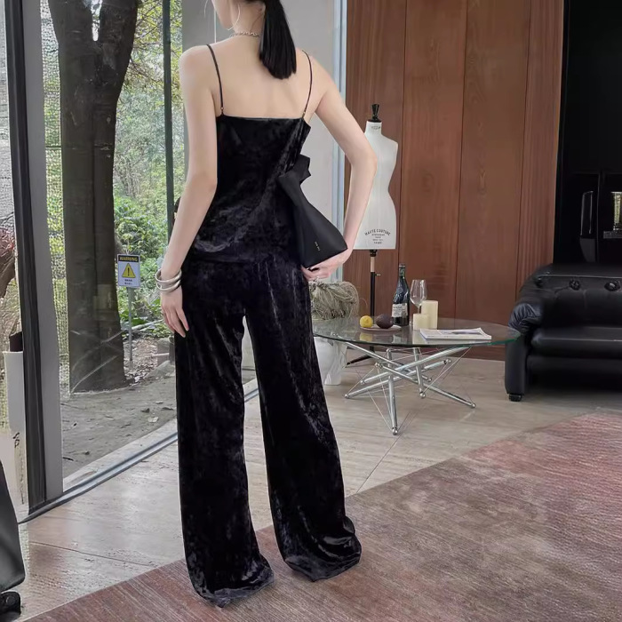 Women's retro light velvet wide-leg pants suit 38