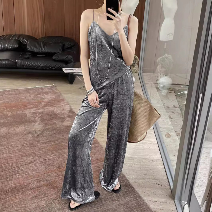 Women's retro light velvet wide-leg pants suit 38