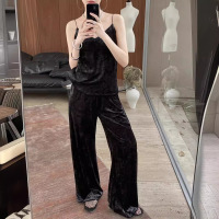 Women's retro light velvet wide-leg pants suit 38