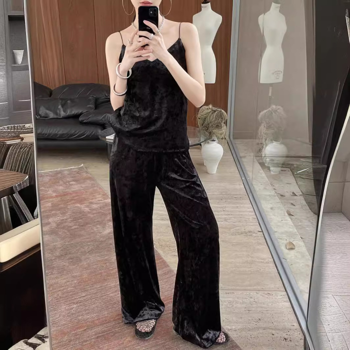 Women's retro light velvet wide-leg pants suit 38