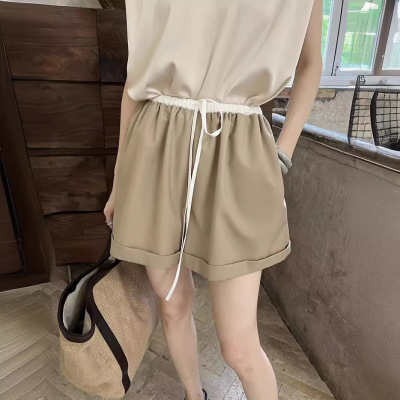 French drawstring casual pants cuffed slim shorts 56