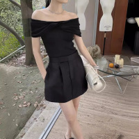 French glossy pleated A-line slim and versatile skirt 55