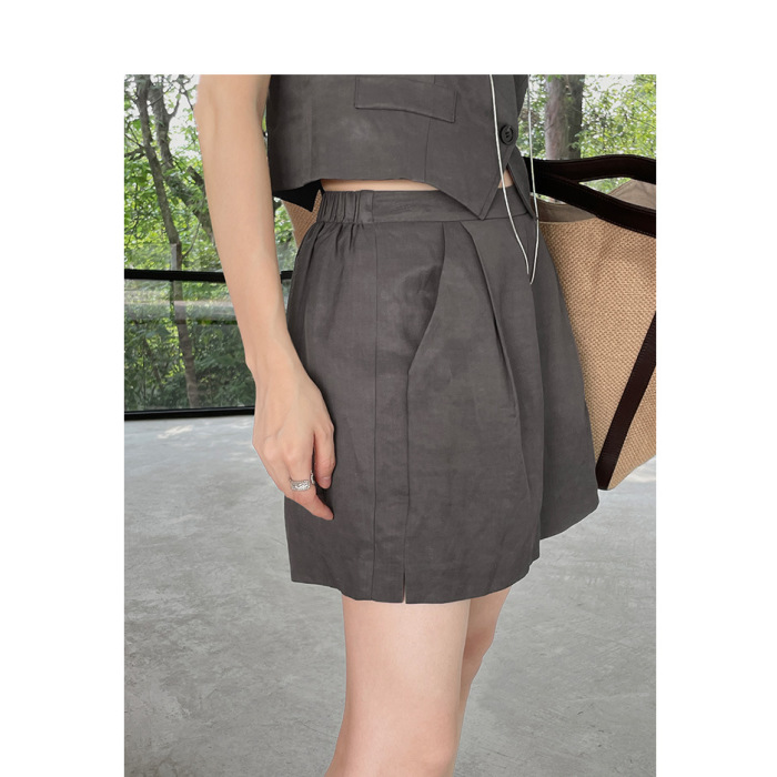 French Pleated Linen Loose Fit Shorts 57