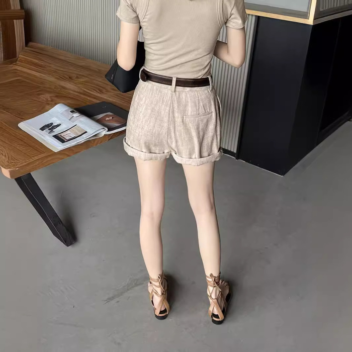 Linen lazy high waist straight casual versatile shorts 54