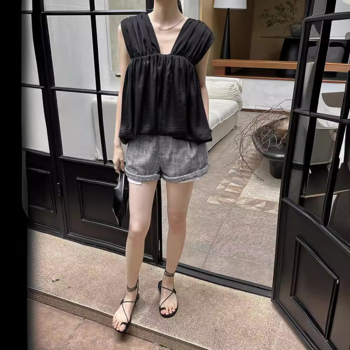 Linen lazy high waist straight casual versatile shorts 54